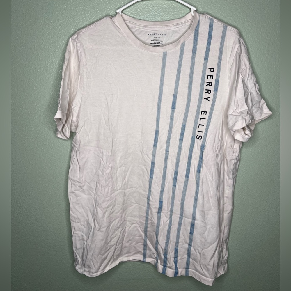 Perry Ellis Men’s large white with blue stripes t-shirt